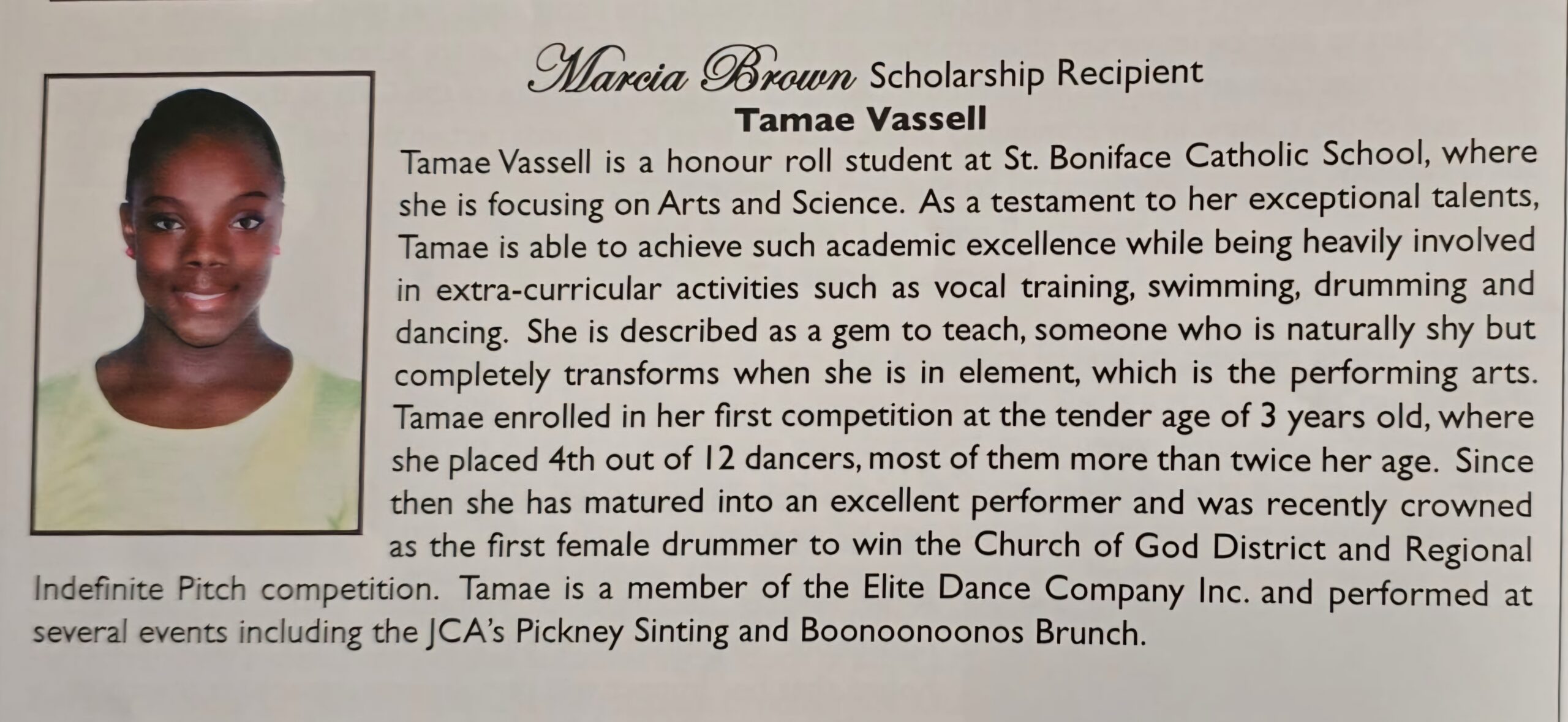 Tamae Vassel - Marcia Brown Productions recipient.