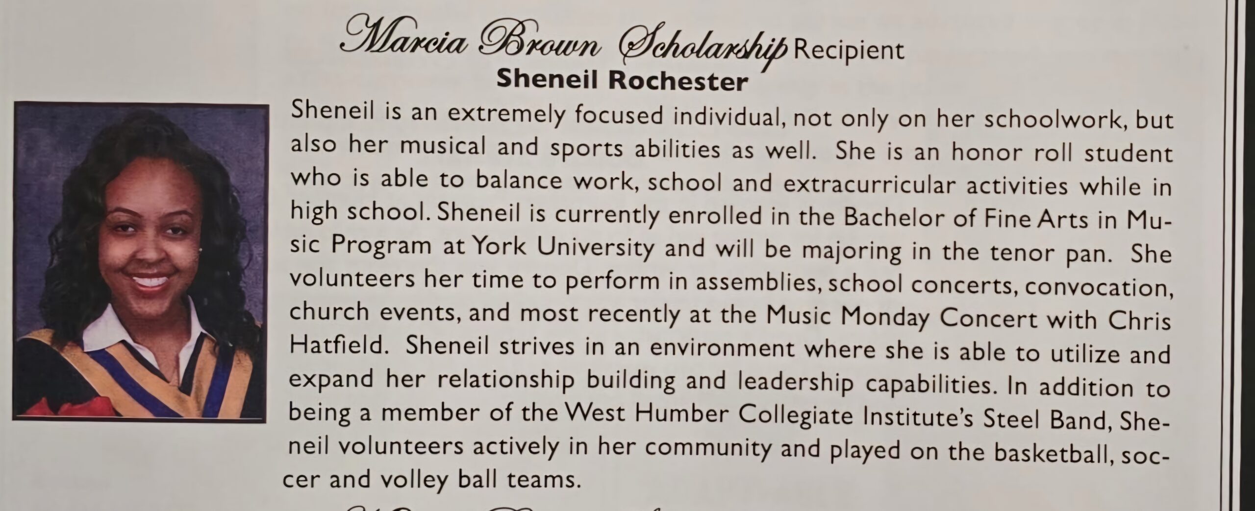 Sheniel Rochester - Marcia Brown Productions recipient.