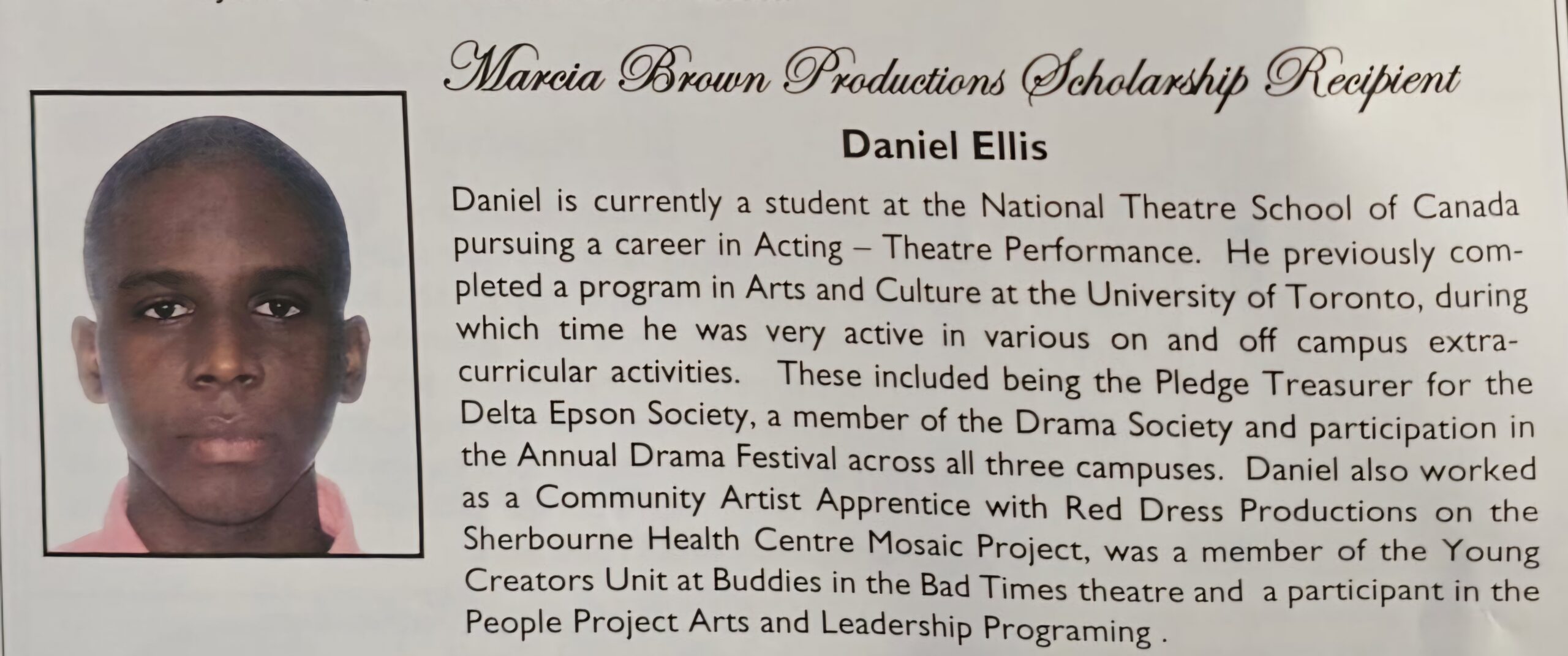 Daniel Ellis - Marcia Brown Productions recipient.