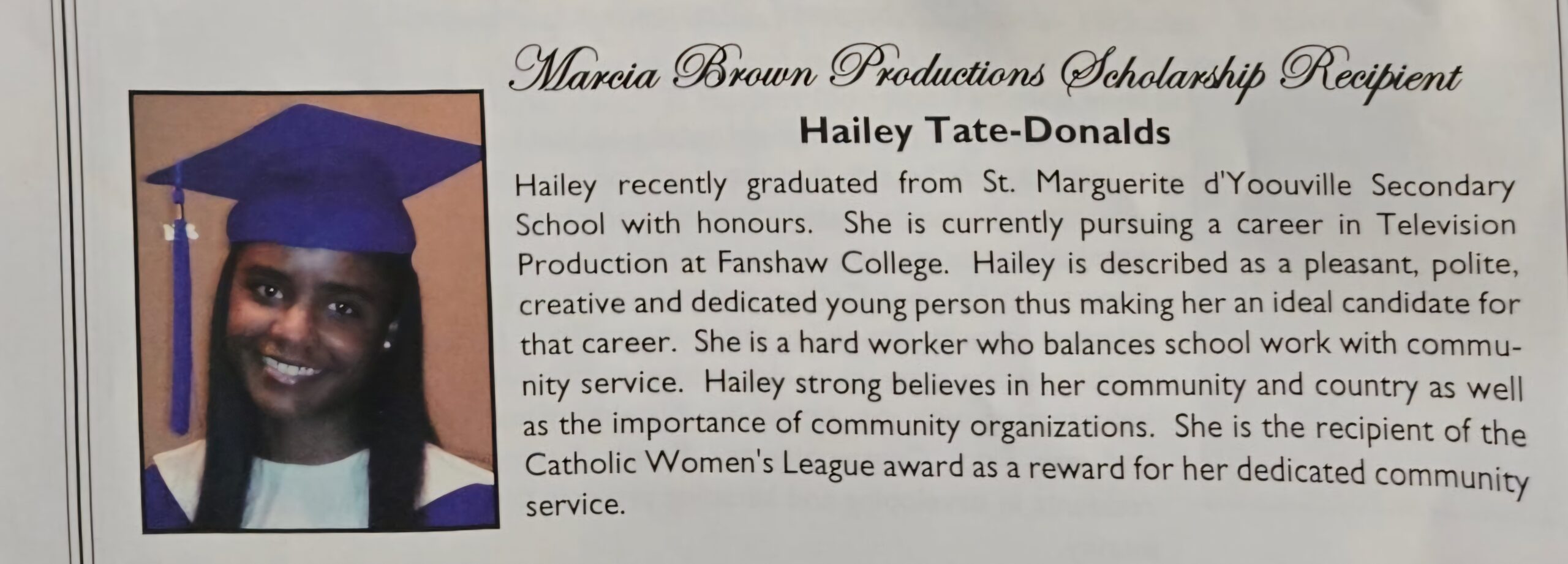 Hailey Tate-Donalds - Marcia Brown Productions recipient.