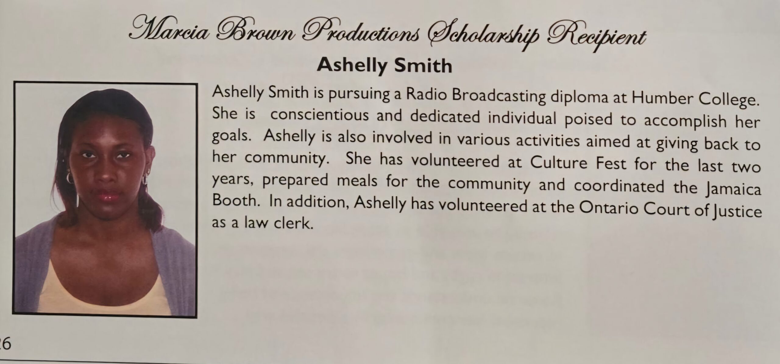 Ashelley Smith - Marcia Brown Productions recipient.