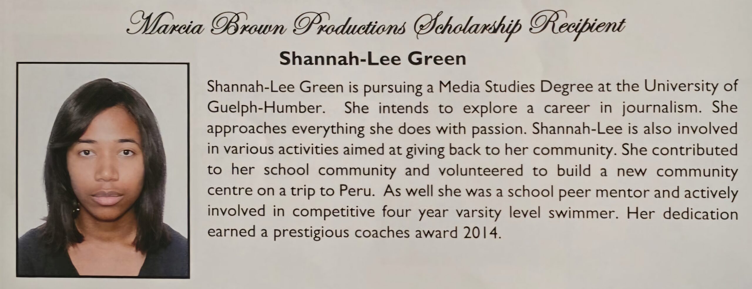 Shannah-Lee Green - Marcia Brown Productions recipient.