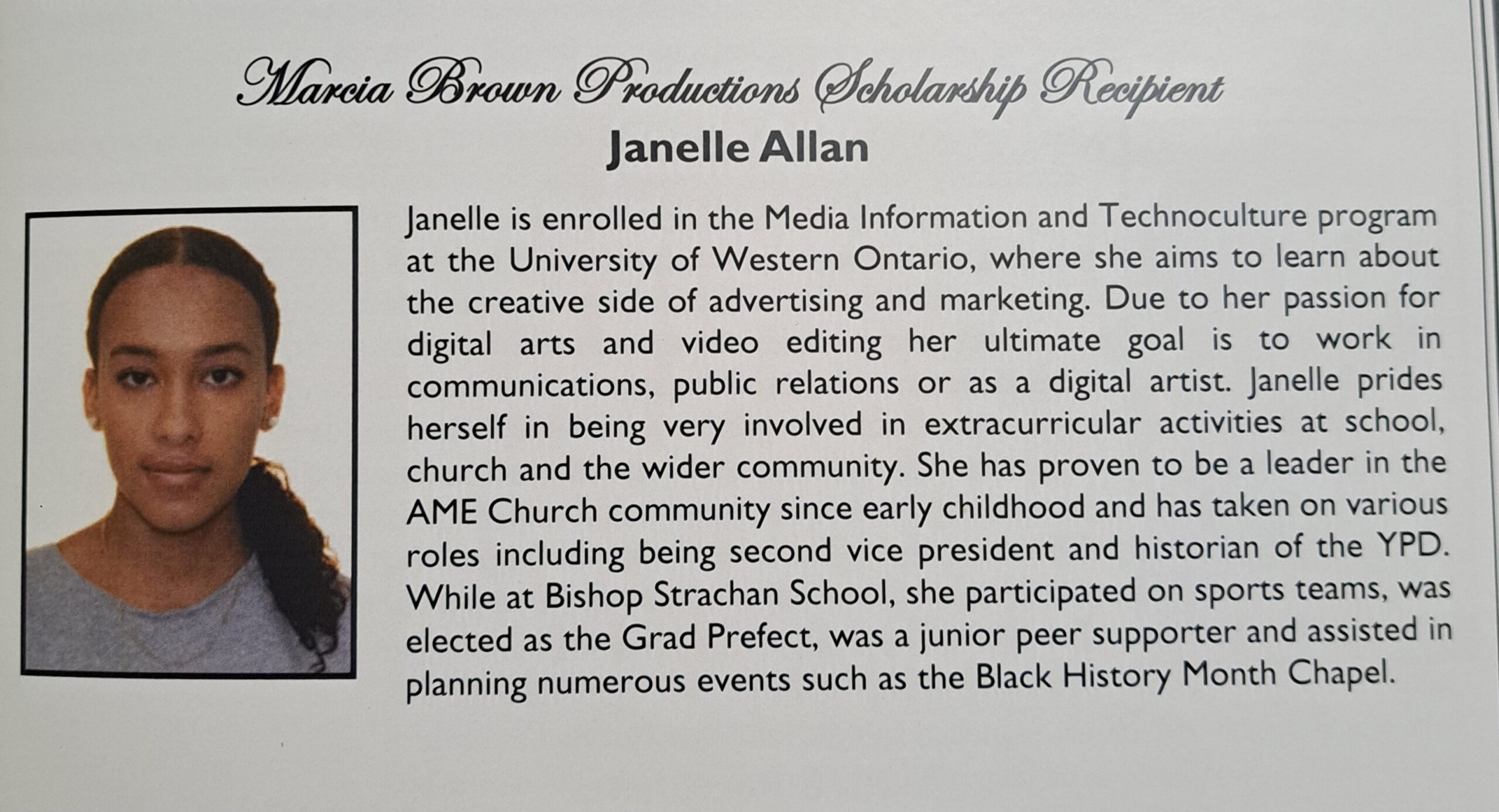 Janelle Allan - Marcia Brown Productions recipient.